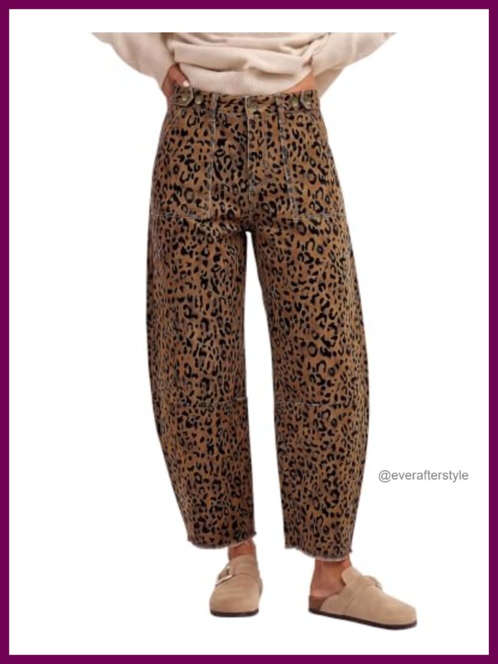 High Rise Barrel Wide Leg Jeans Frayed Hem Cheetah Print Stretch Denim Pants